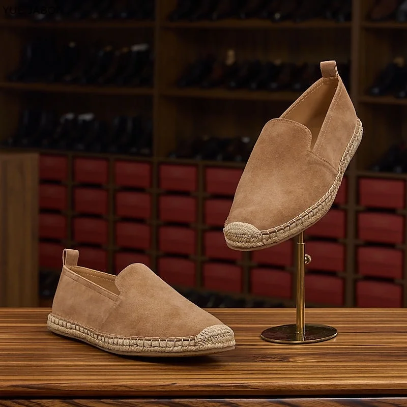Men Sewing Real Leather Flat Slip on Loafers Casual Shoes Man linen Grass Woven Flat Shoes Squre Toe Fisherman Driving Footwear