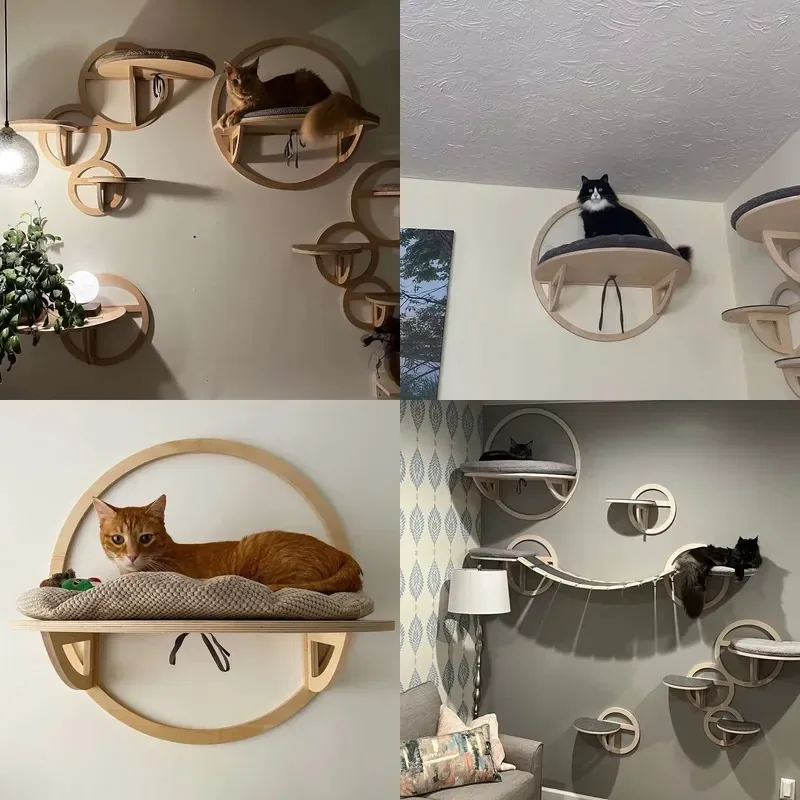 Wholesale High Quality Eco Friendly Solid Wood Wall Mounted Cat Scratch Rack Hammock Tree Climbing Shelf
