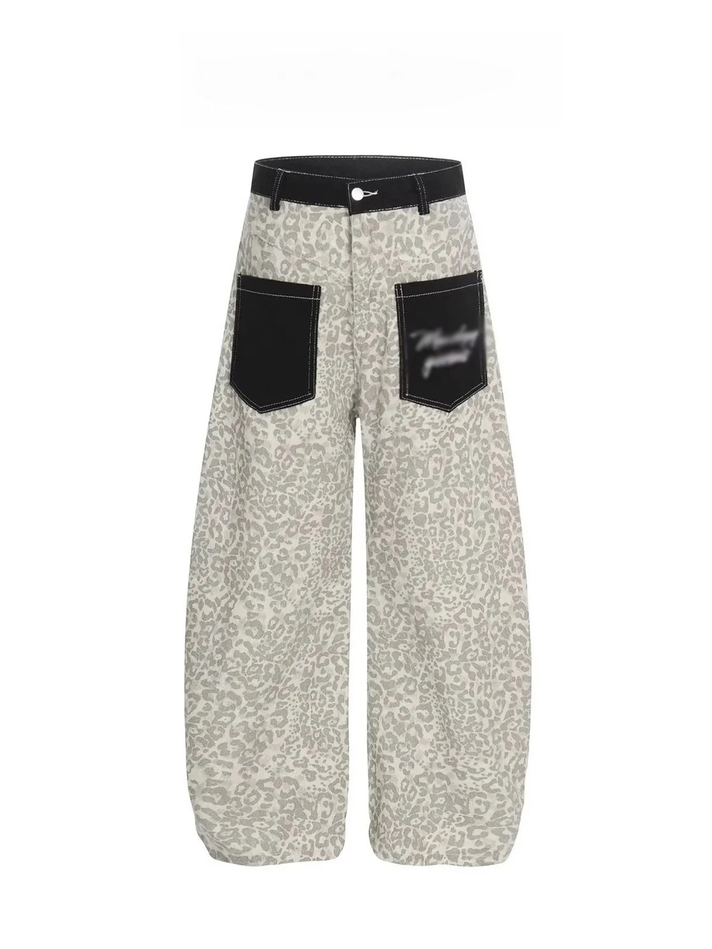 

American Retro Leopard Print Patchwork Pocket Denim Jeans Women Summer Thin Loose Street Wide Leg Knife Casual Long Trousers