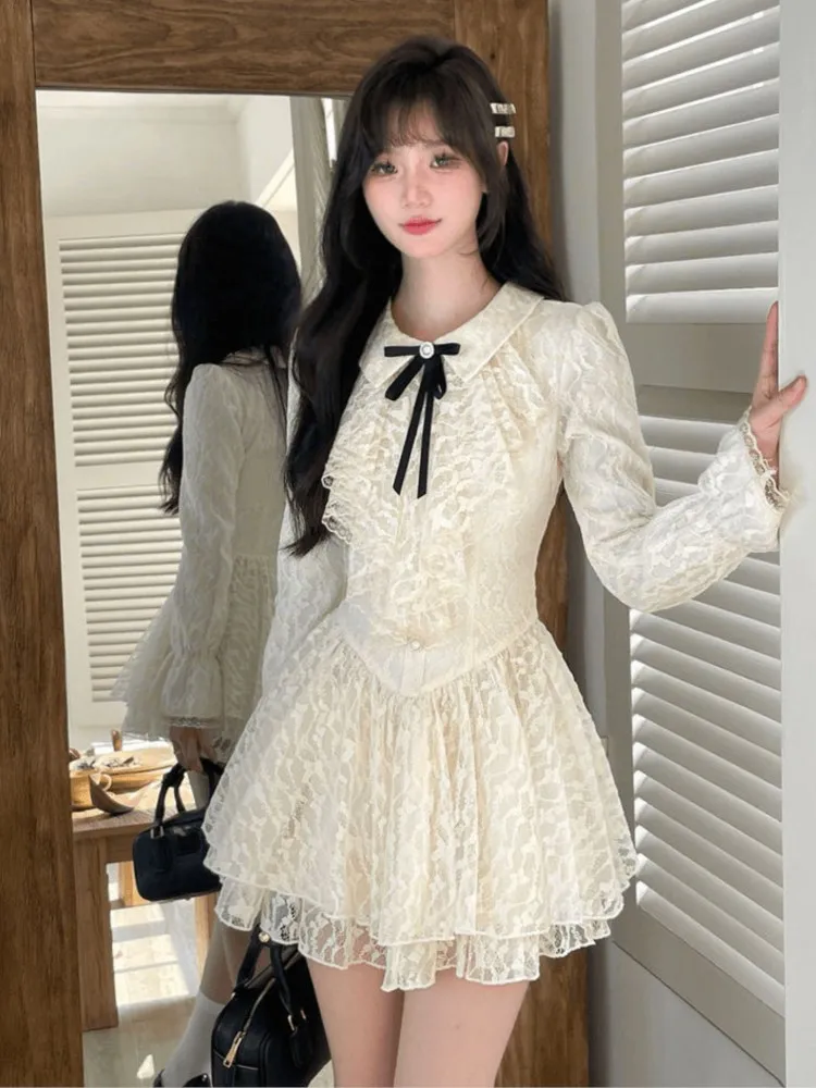 French Vintage Princess Lace Mini Dresses for Women Bow Flare Sleeves Ruffles A-line Birthday Party Kawaii Mini Vestidos New