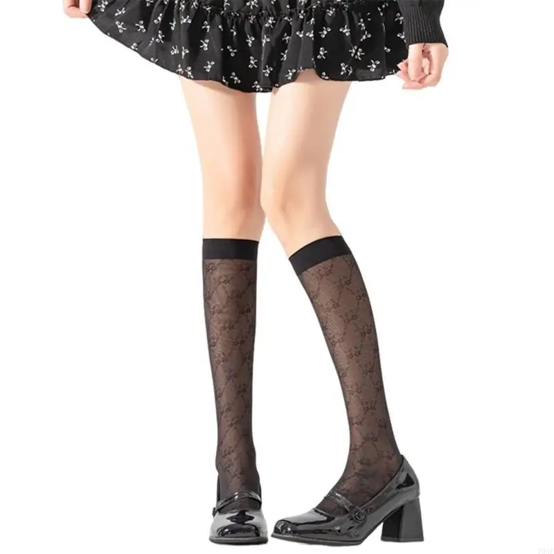 195E hasta rodilla para mujer, rejilla, calcetines hasta rodilla transparentes florales