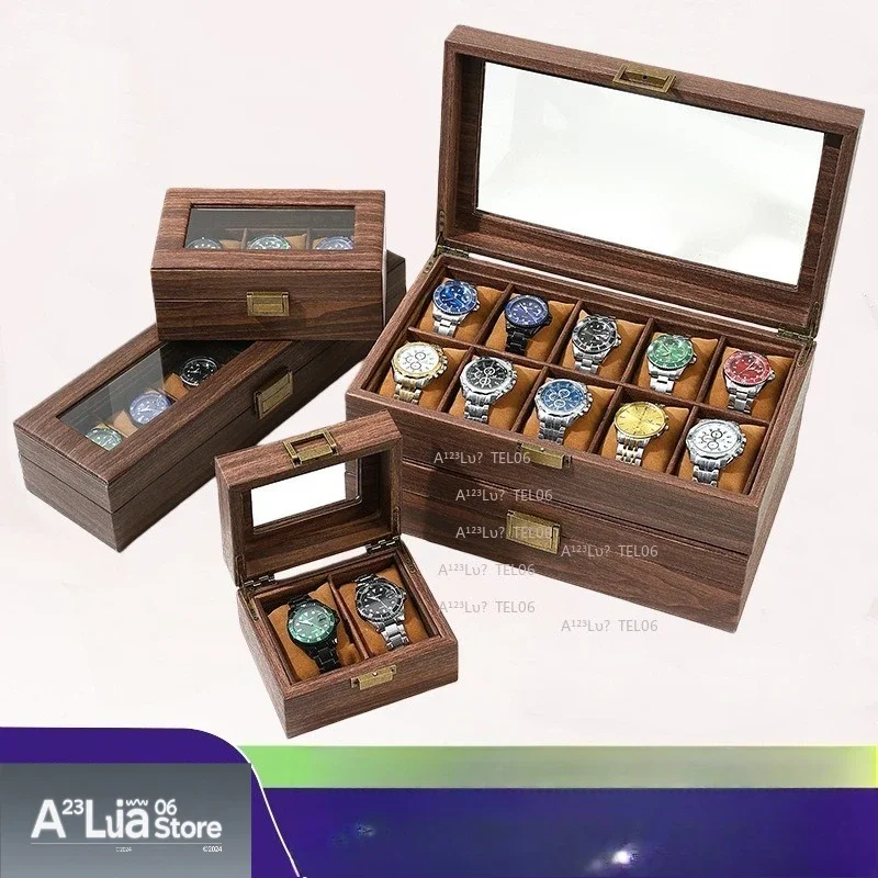 Vintage Wood Grain PU Leather Watch Box Dustproof Display Organizer Case for Jewelry Storage