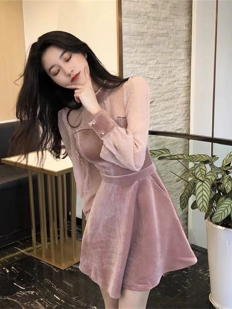 

Pink Velvet Winter New Year's Dr Women's Base Layer Slimming Waistline Korean Sle round Ne ort A-Line Skirt Dr