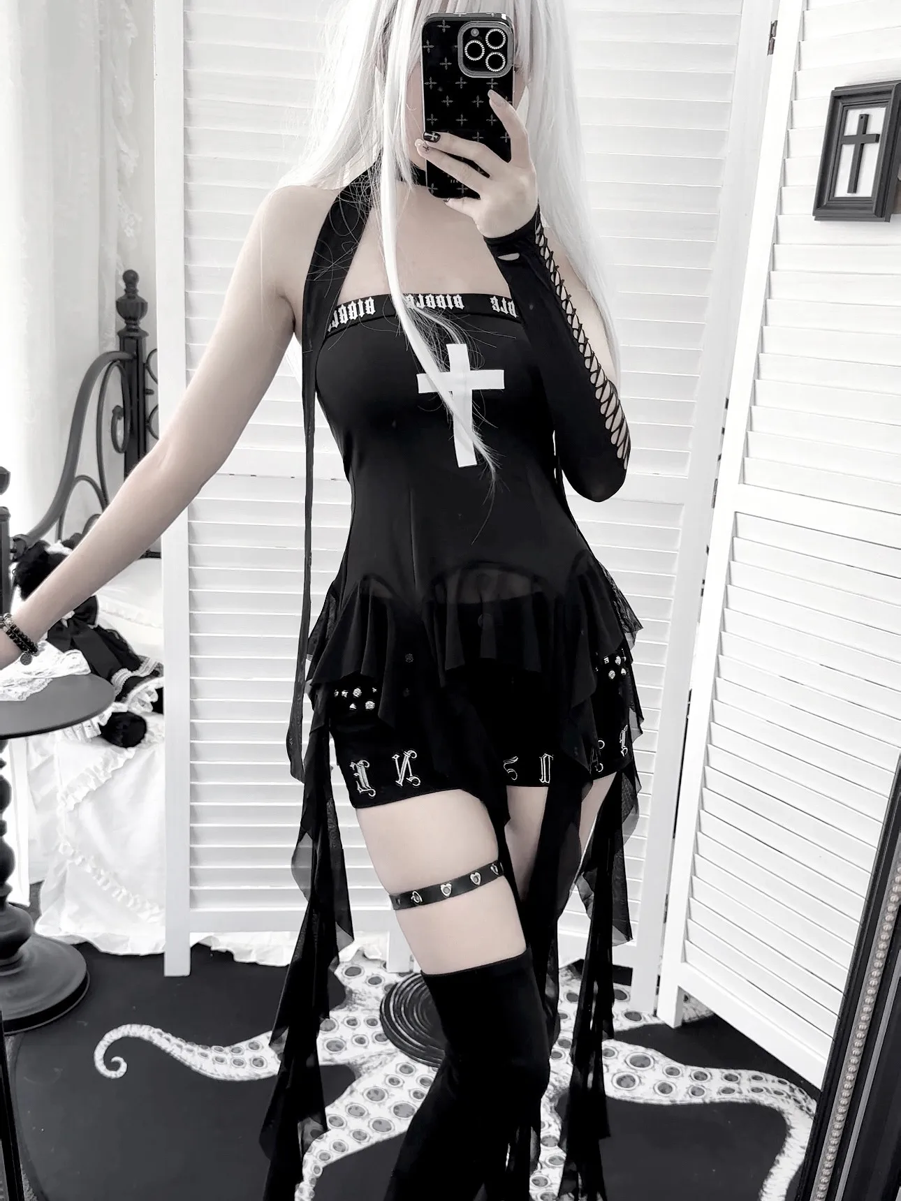 Original New Gothic Y2k Cross Printed Sexy Tube Top Vest Women Retro Irregular Tassel Slim Top