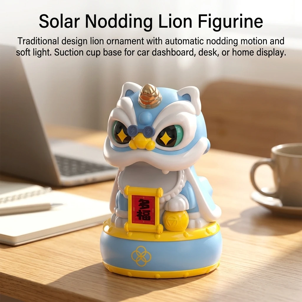 Solar Dancing Lion Figurine, Resin and ABS Auto Nodding Light Up Lion Ornament with Suction Cup for Car Dashboard, Office Desk,