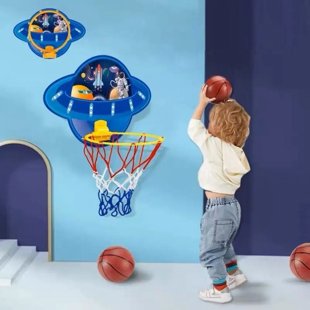 Marco de baloncesto para padres e hijos, tablero de aro de baloncesto, pelota de baloncesto colgante de dibujos animados, nave espacial de cohete, juguetes deportivos para niños