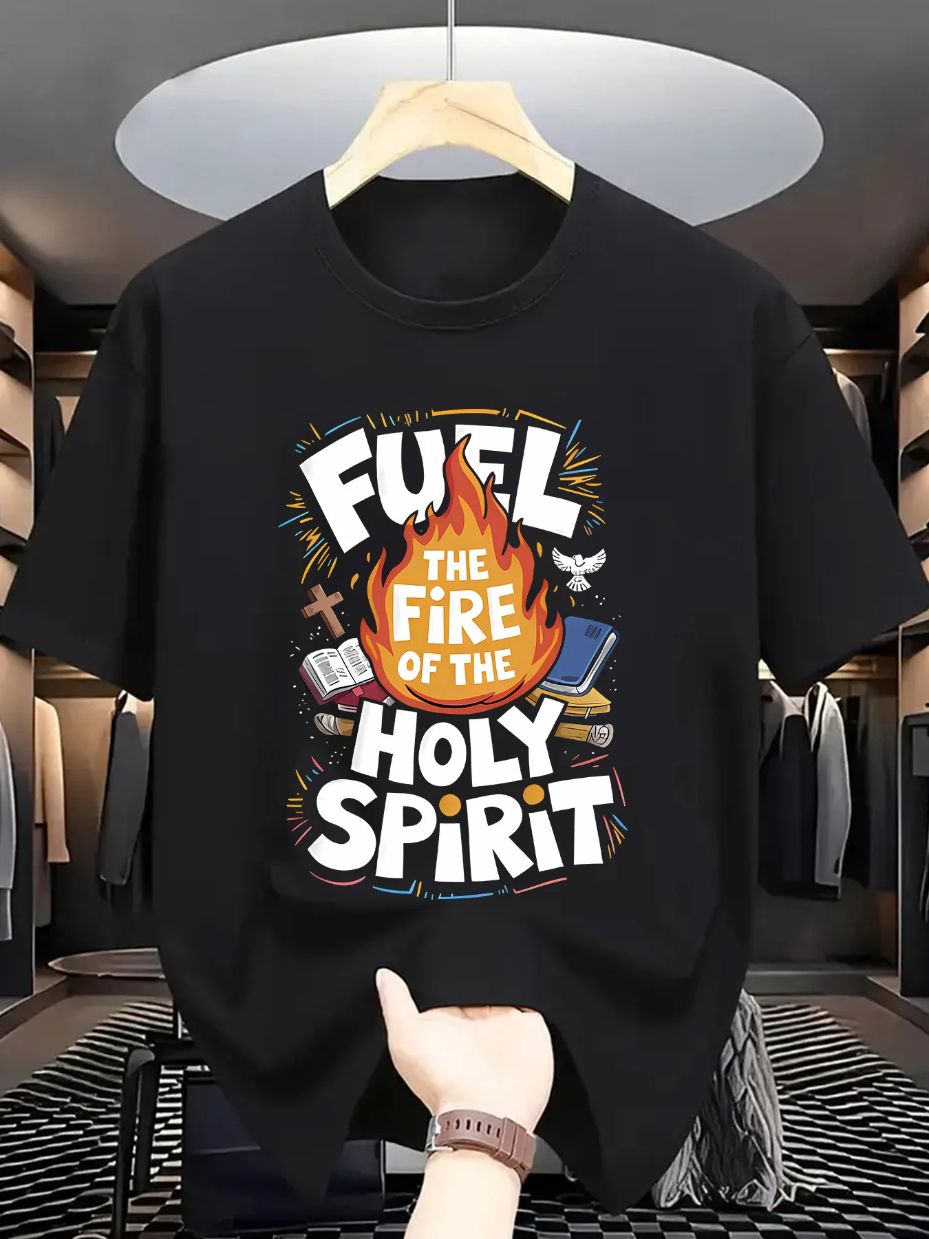 Fuel The Fire Of The Holy Spirit Mens Crew Neck T Shirt Faith Flame Cross Graphic Short Sleeve Tee Casual Male Street Tops