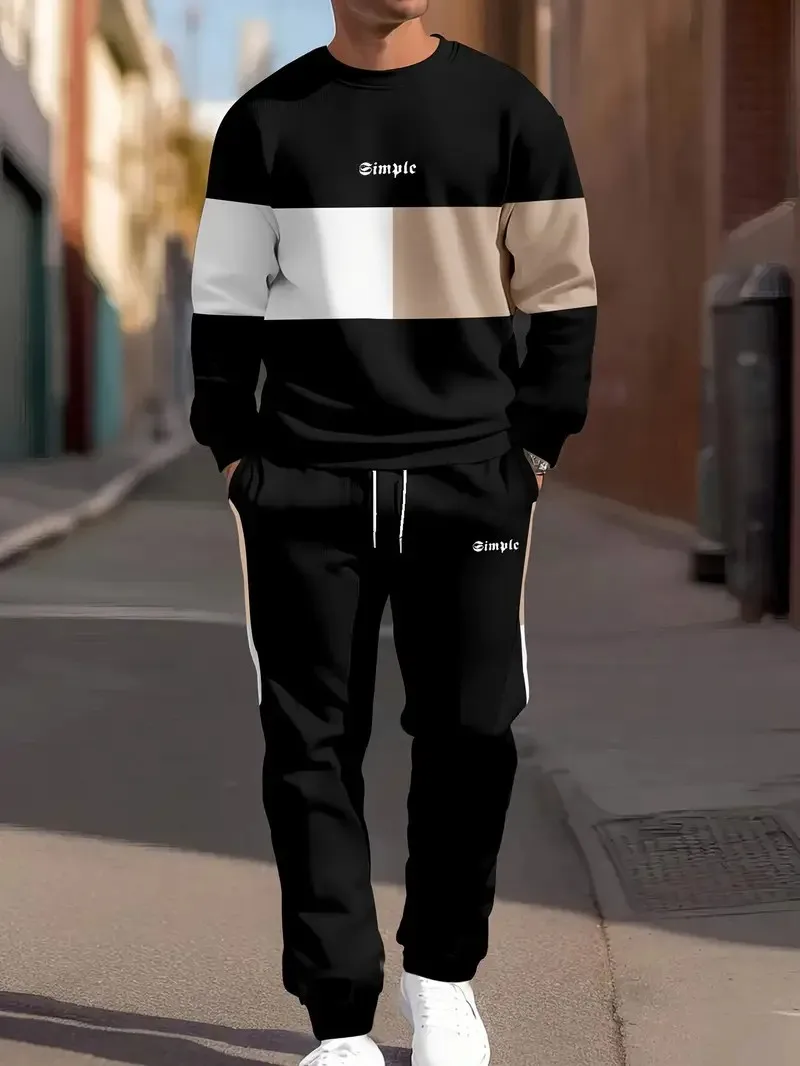 The new men's round-neck hoodie set for Spring and Autumn 2025 features a casual and comfortable 3D letter pattern print