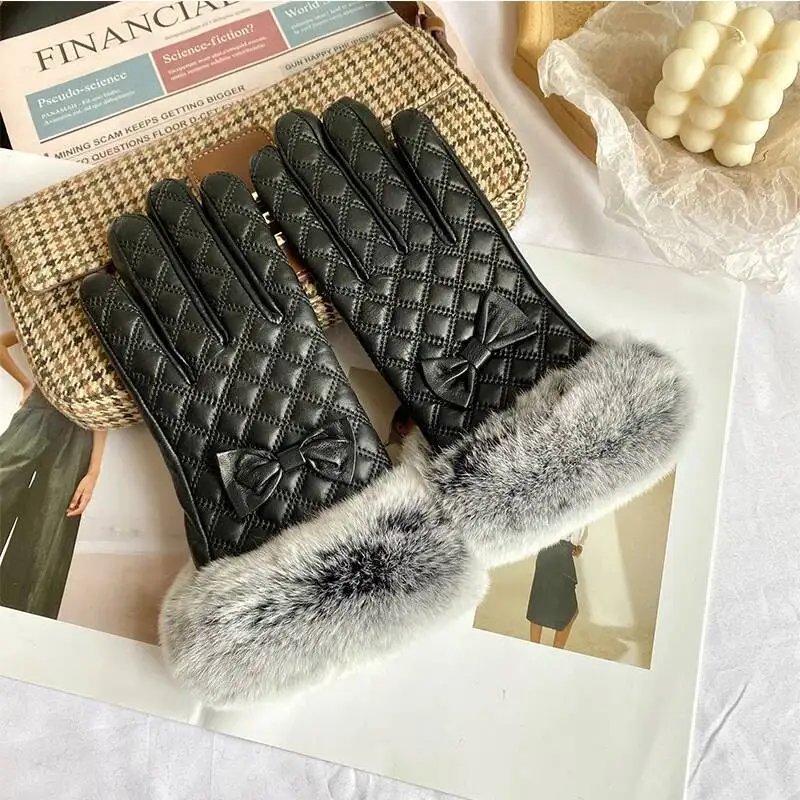 Luvas de couro genuíno para mulheres inverno real rex pele de coelho engrossado luvas com pelúcia natural fofo pele luvas quentes
