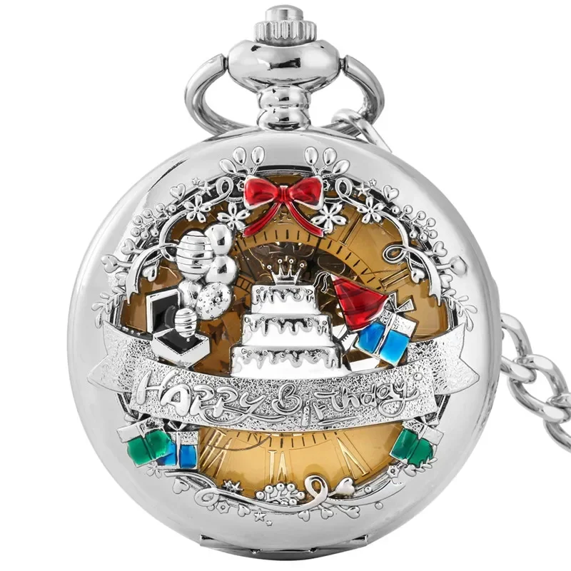 

Silver/yellow Gold Pocket Watch Hollow Out Happy Birthday Cake Design Unisex Hand Winding Mechanical Clock Timepiece with Chain