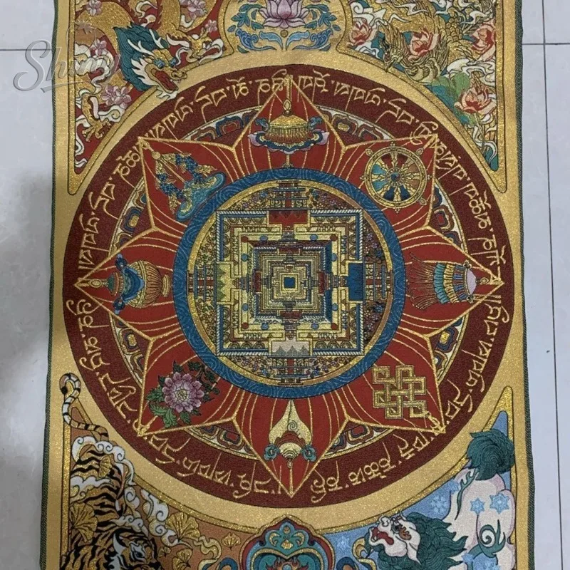 

35.4″ Eight Auspicious Symbols Brocade Tibetan Tangka Embroidery Painting Gold Thread Embroidery Decorative Hanging Pictures