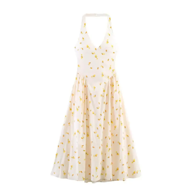 BSAY 2026 Sommer Neues Damenkleid mit Fruchtprint, Neckholder, Midi-Länge, Ärmellos, A-Linie, Süßes Freizeitkleid für Strand und Urlaub – Detail 2