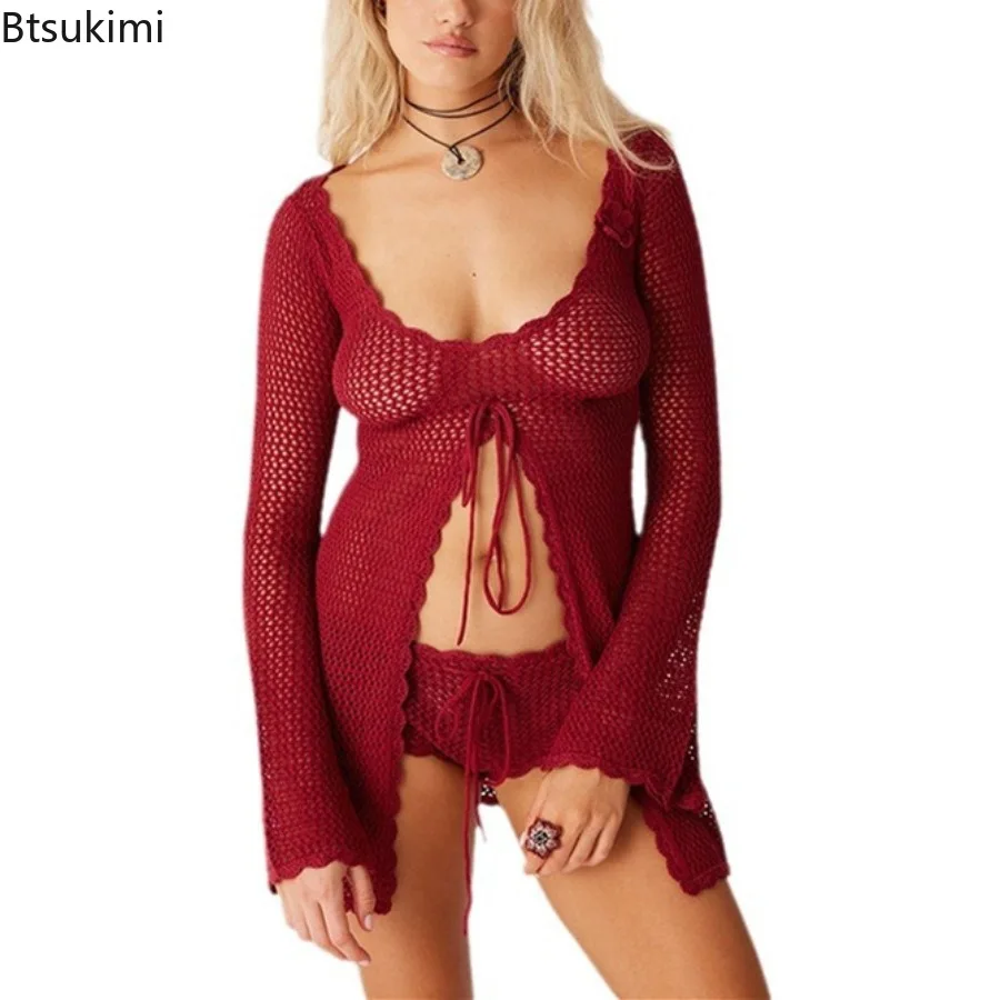 2025 u-pescoço cover-up praia rendas até vestido feminino sexy oco para fora malha manga longa alargamento maiô senhora casual férias beachwear