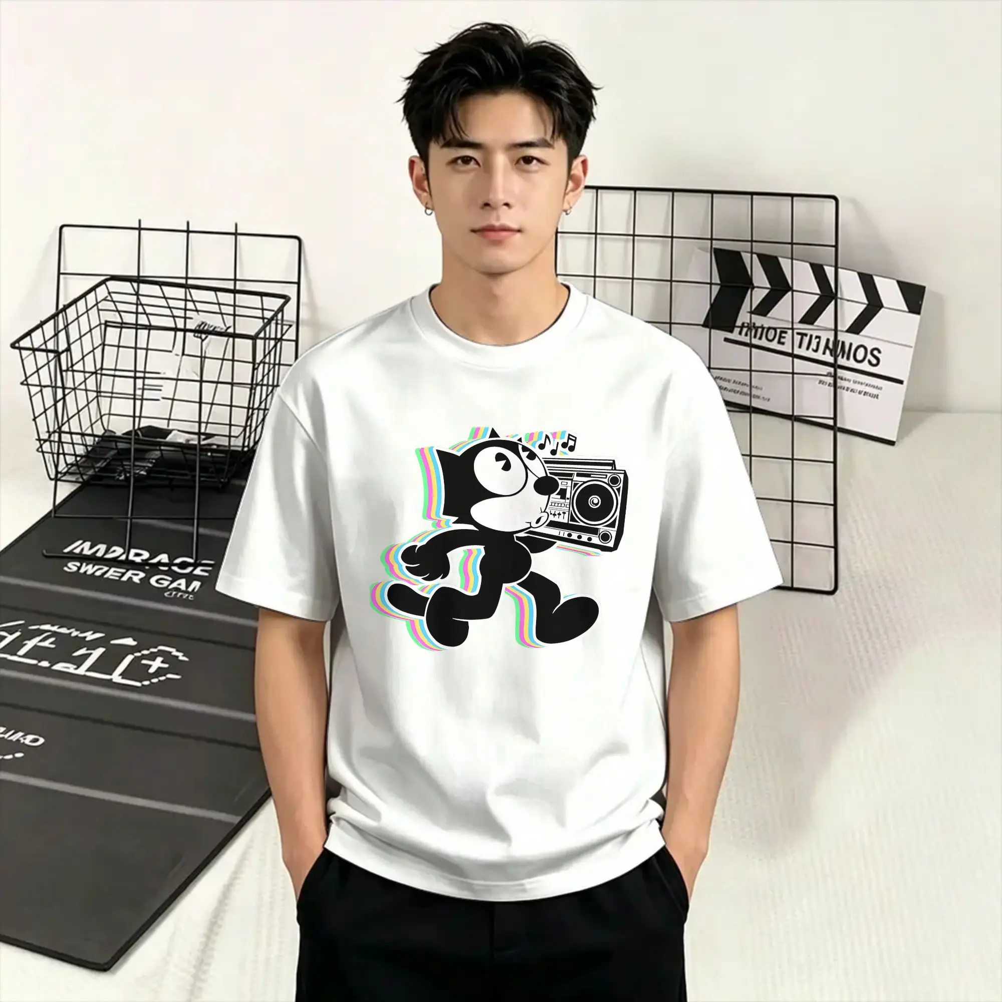 F-Felixs Black Cat Cotton T Shirt For Men Summer  Aesthetic T-Shirts Crew Neck Trending Tee Shirt Oversized Design Clothing