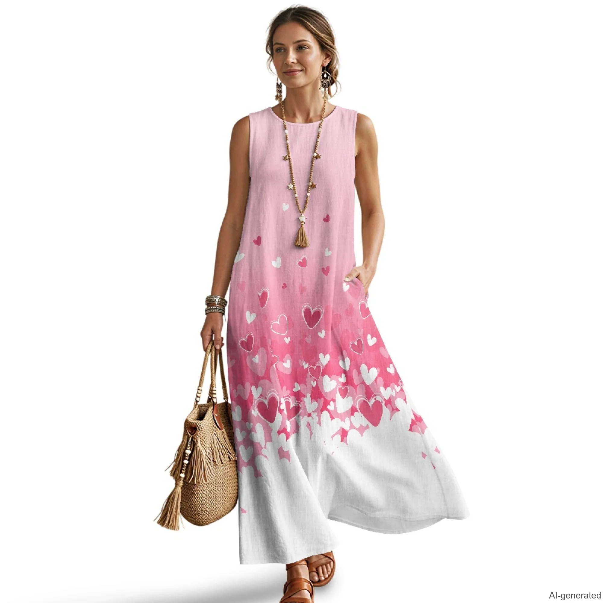 XIXIRIMIDO Women's Sleeveless Imitation Linen Dress O-Neck Gradient Heart Print Long Skirt with Pockets Ladies Summer Clothing