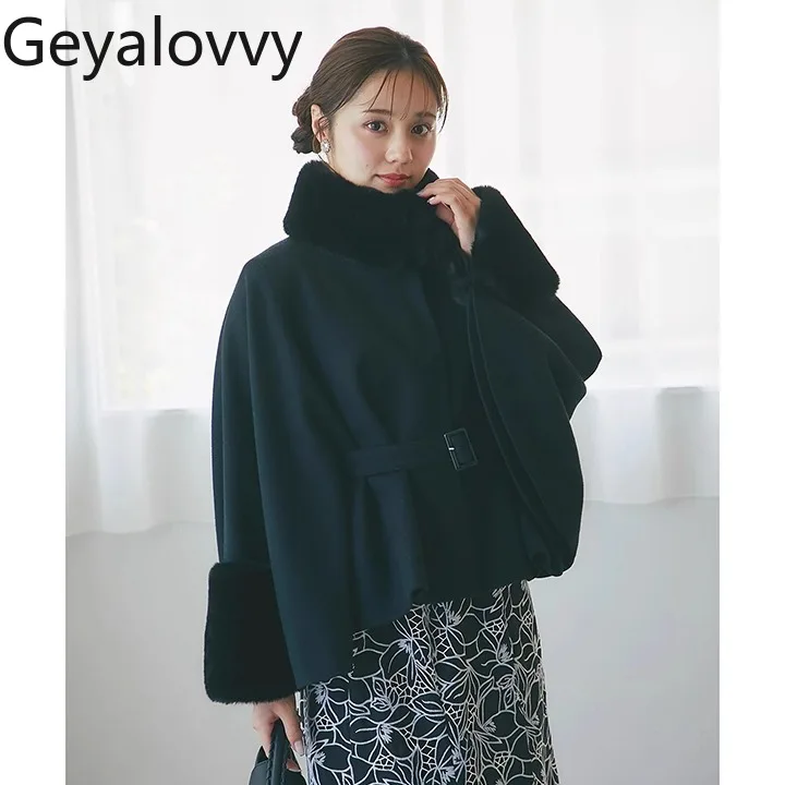 Japanese Style Autumn Winter New Fur Collar Patchwork Solid Color Short Cape Coat Elegant Shawl Style Cloak Coat with Belt
