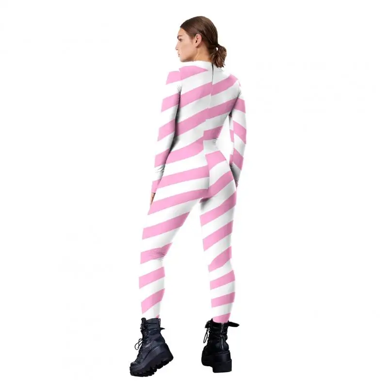 สีCandy Caneคอสเพลย์บอดี้สูทคริสต์มาสสีแดงStripe Jumpsuitเครื่องแต่งกายXmasแสดงNoveltyชุดHoliday Partyหมวกคู่ชุด