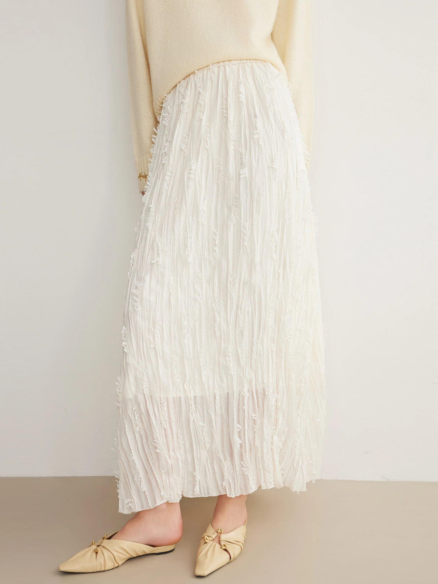 ELLE Textured Folded A-Line Midi Skirt Women's Elegant Elastic Waist Summer New Style Beige Color Commute Simple Style Skirt