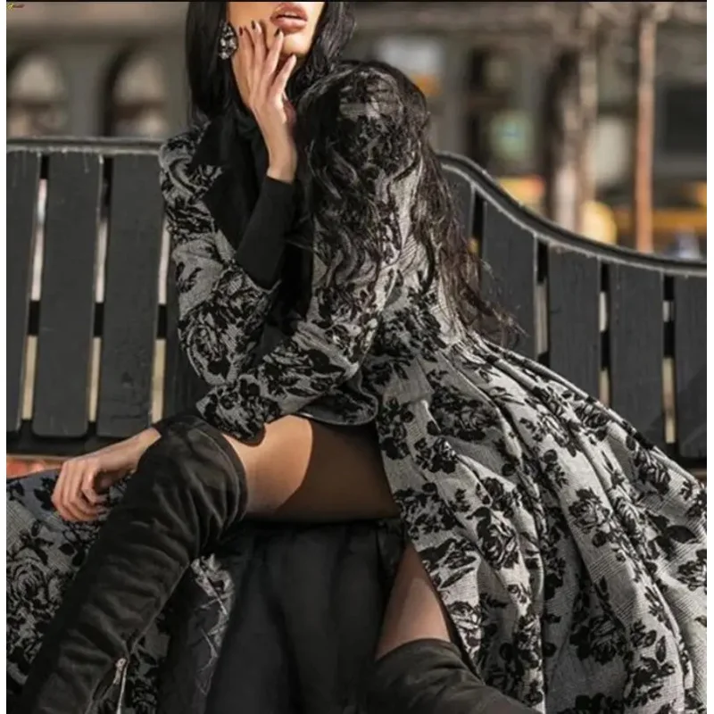 Vestido elegante de manga larga para mujer, abrigo de encaje, costura correcta, línea A, negro, gris, cosplay, elegante, otoño, invierno