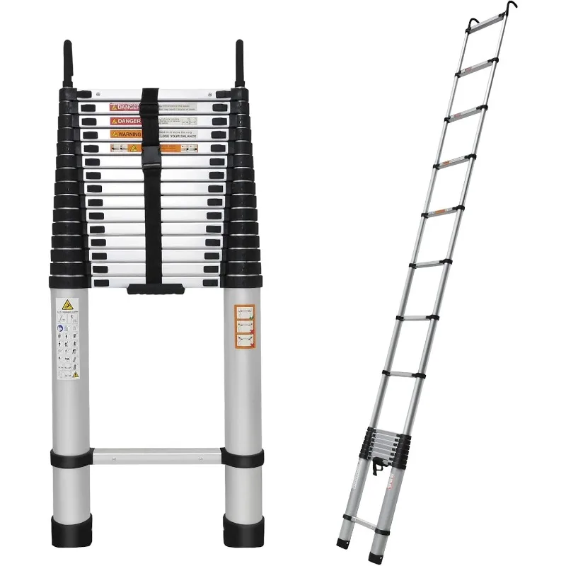 

Telescoping Ladder 20.3ft Aluminum Extension Folding Ladder with 2 Hooks, 330lbs Max Load, with Anti-Slip Rubber Feet, Folded