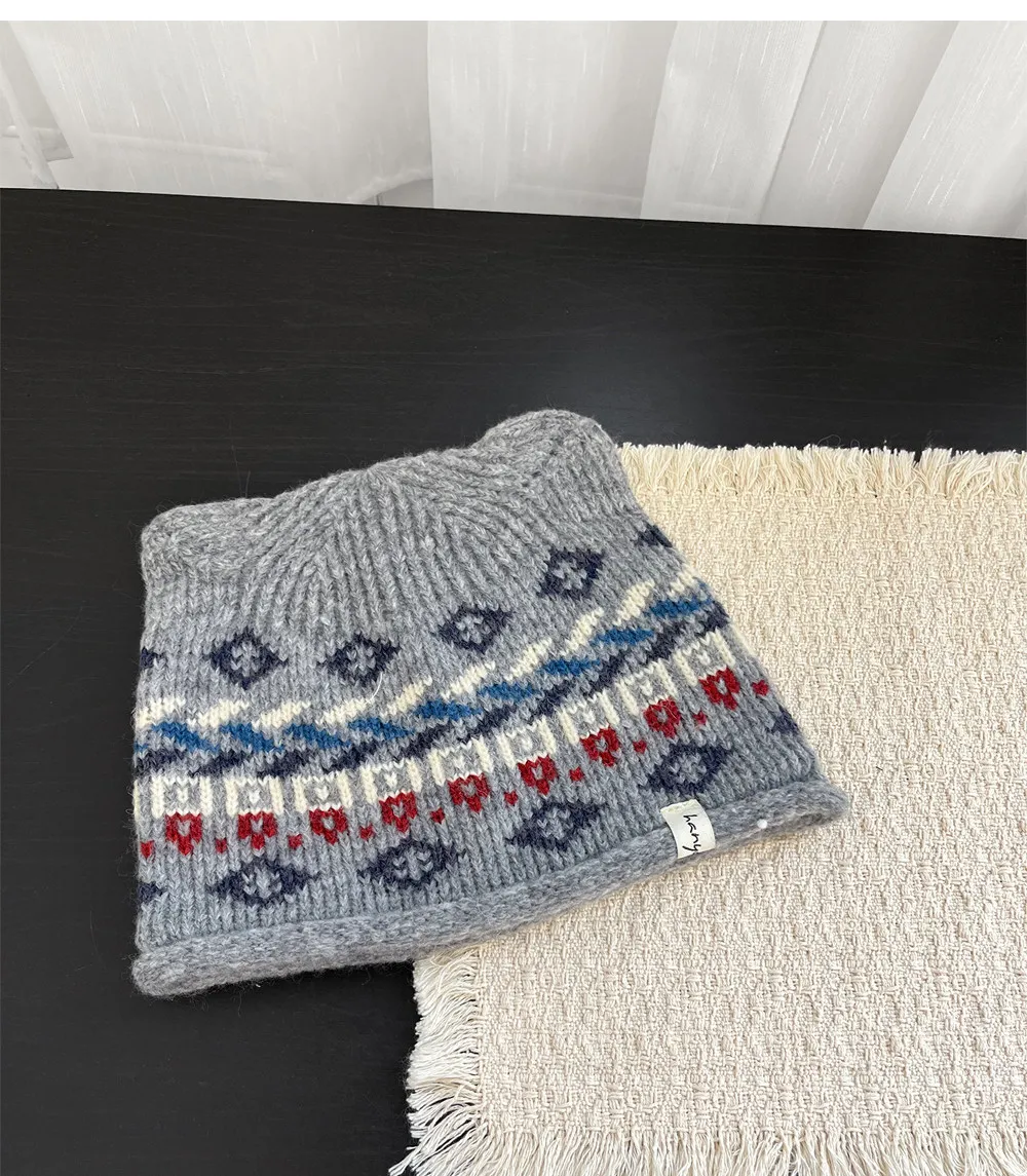 Niedliche Strickmützen mit Katzenohren im Fair-Isle-Stil für Damen, Vintage, ethnisch, geometrisches Jacquardmuster, warme Wintermütze, weiche Kopfbedeckung, Streetwear. – Detail 15
