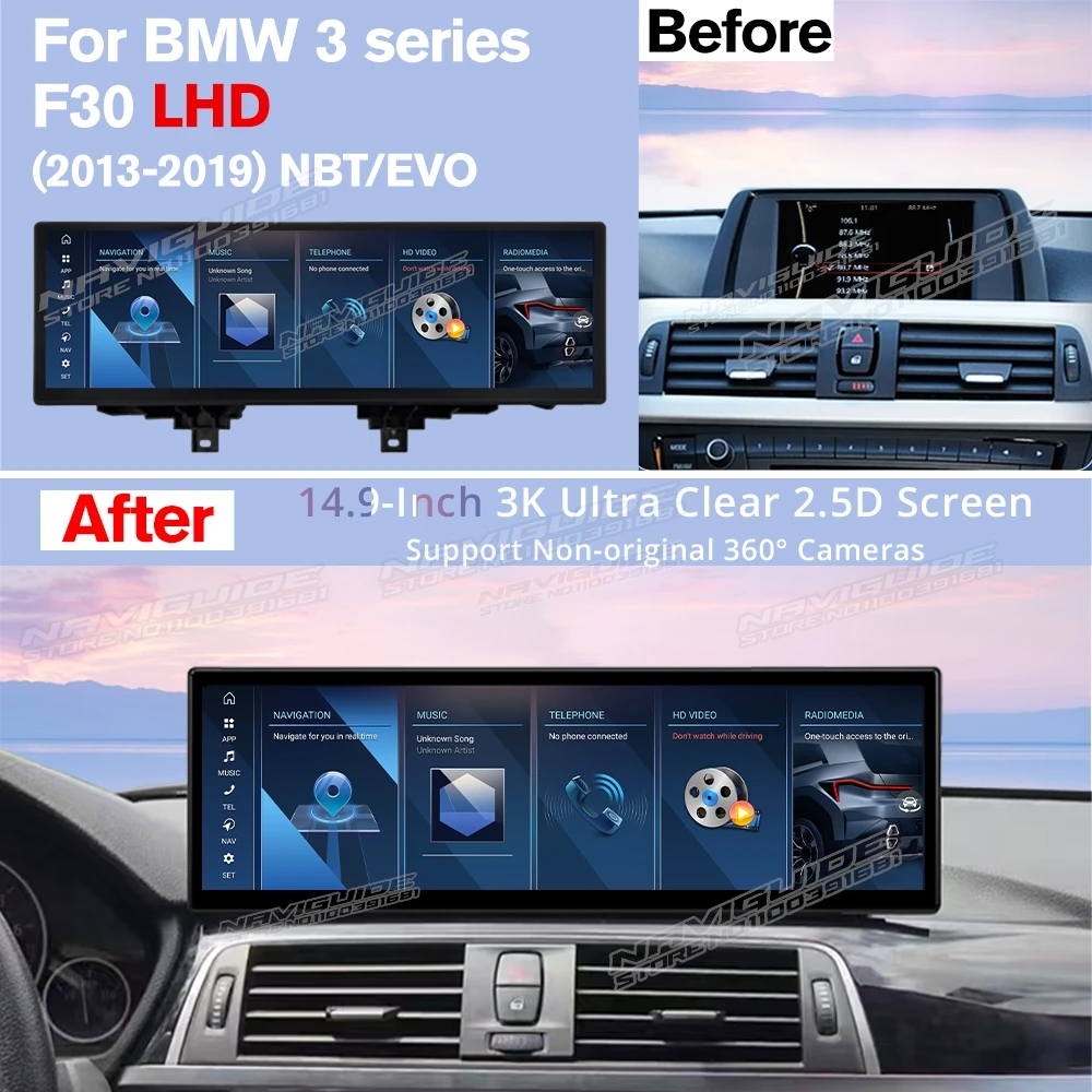 NAVIGUIDE 14.9'' Android13 Wireless CarPlay For BMW 3 4 Series F30 F31 F32 F33 F34 F35 LHD NBT EVO Car Navi Multimedia Player BT