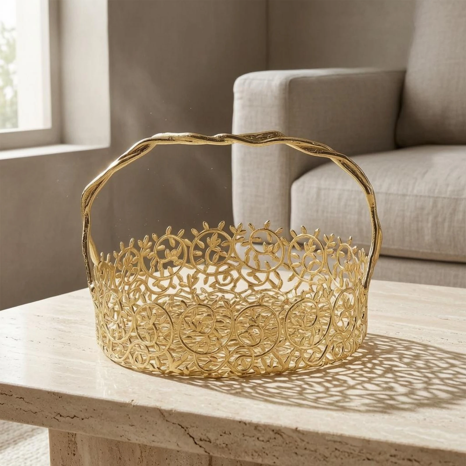 Metal Hand Basket Gold-Tone Storage Tray Home Decor Openwork