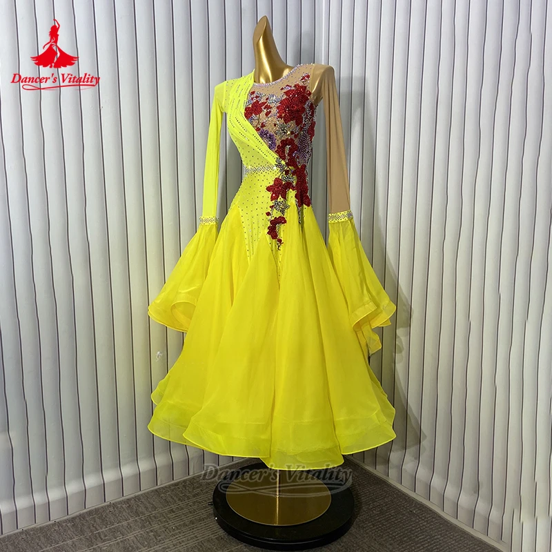 Women Ballroom Dance Long Sleeve Flower Pattern Yellow Big Swing Dresses Customize Dancer's Vitality Adult Waltz Perform Costume
