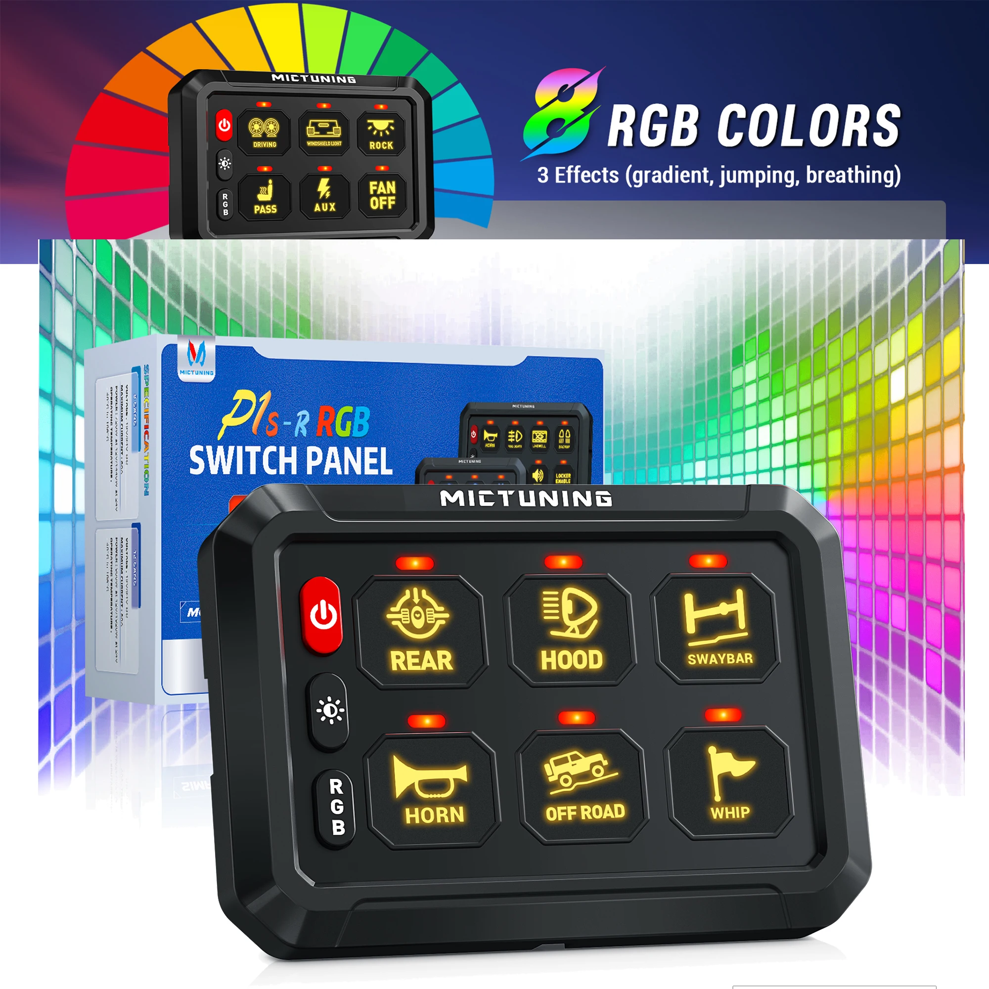 MICTUNING 6 Gang Switch Panel ,P1s-R RGB Colors Adjustable Brightness, On-Off Toggle Switch Momentary Circuit Control Relay Box