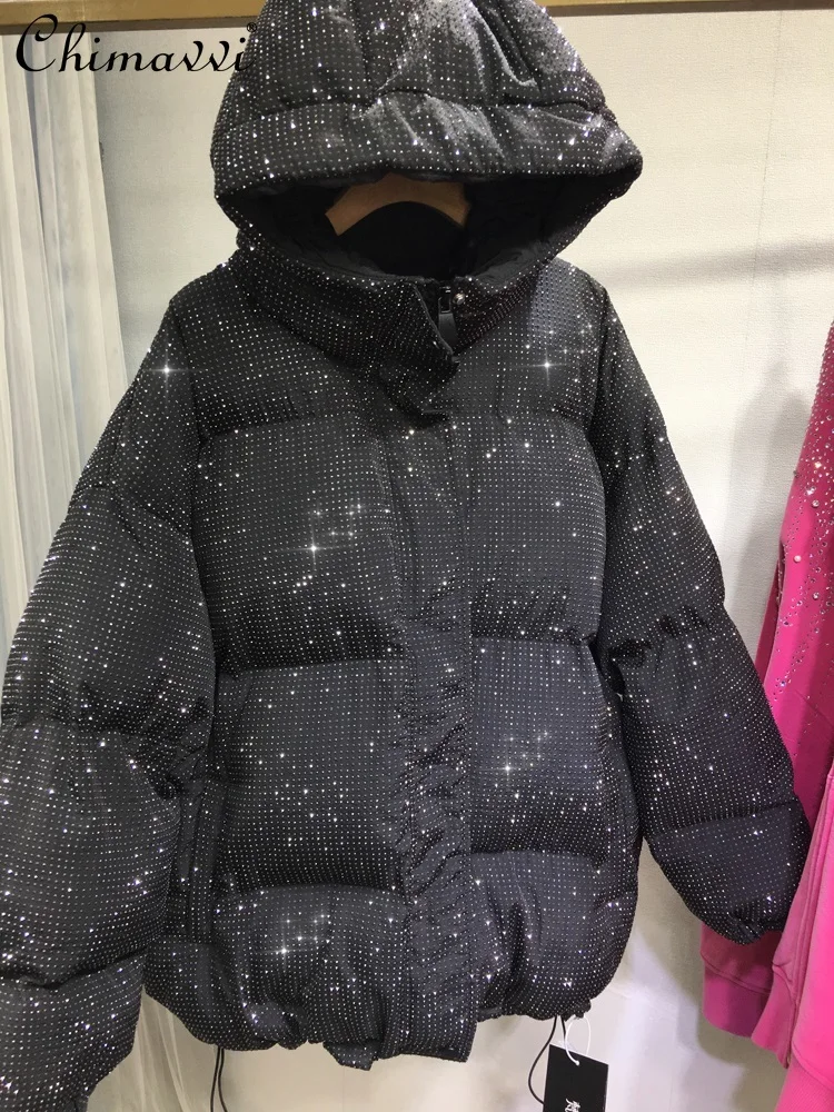 Heavy Thickened Quilted Jacket Full Diamond Hooded Coat Warm Jacket Winter New Fashion Long Sleeve Elegant Mid-length Black Coat