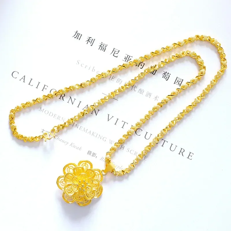 9999 Real Gold 24K Japanese and Korean Fashion Women's Gold Clover Big Flower Gold Women's Necklace