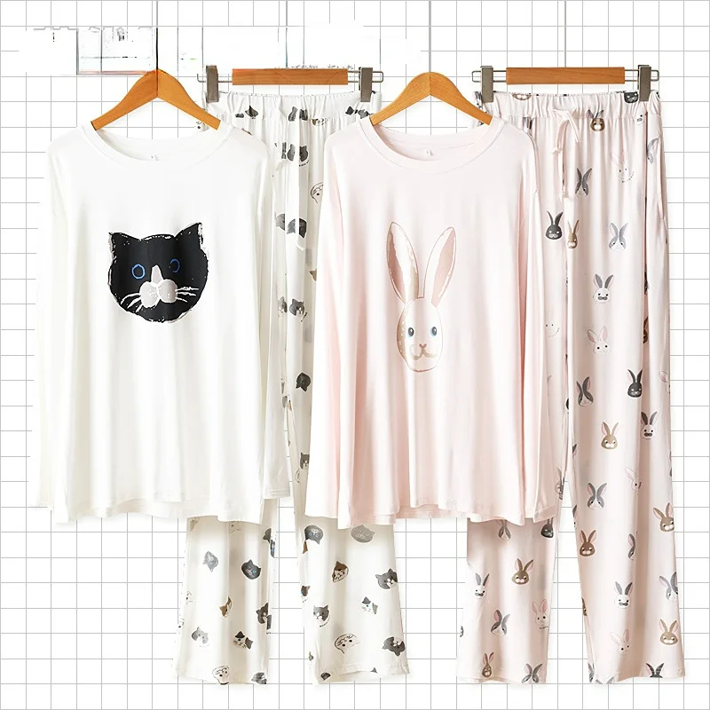 Kuzuwata O Neck Cartoon Print Long Sleeve Top Sleepwear+high Waist Wide Leg Pant Underwear JAPAN Casual Home Wear Pajama Sets