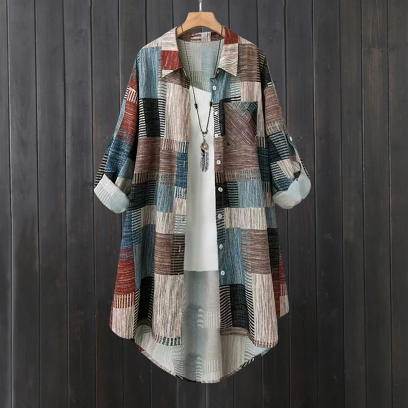 

Women Plaid Long Shirts Coat Blouse Casual Loose Cotton Long Sleeve Top Spring Autumn Clothes