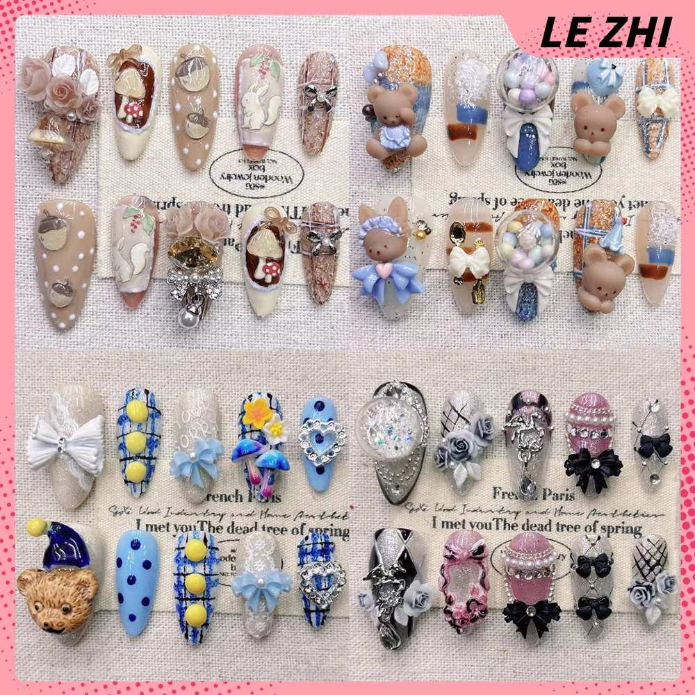 

Cartoon Kawaii Squirrel Rabbit Bear Handmade Wearable Full Cover Nails Romantic Flower Mushroom Bow Pearl Diamond Press On Nails