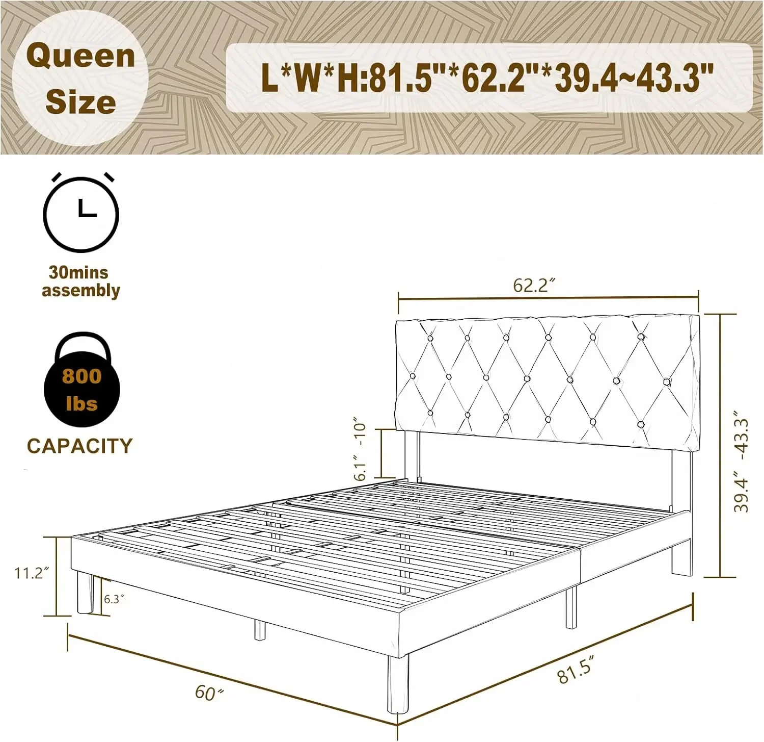 Queen Size Bed Frame, Velvet Upholstered Platform with Headboard, Easy Assembly, No Box Spring Needed, Non-Slip and Noise-Free