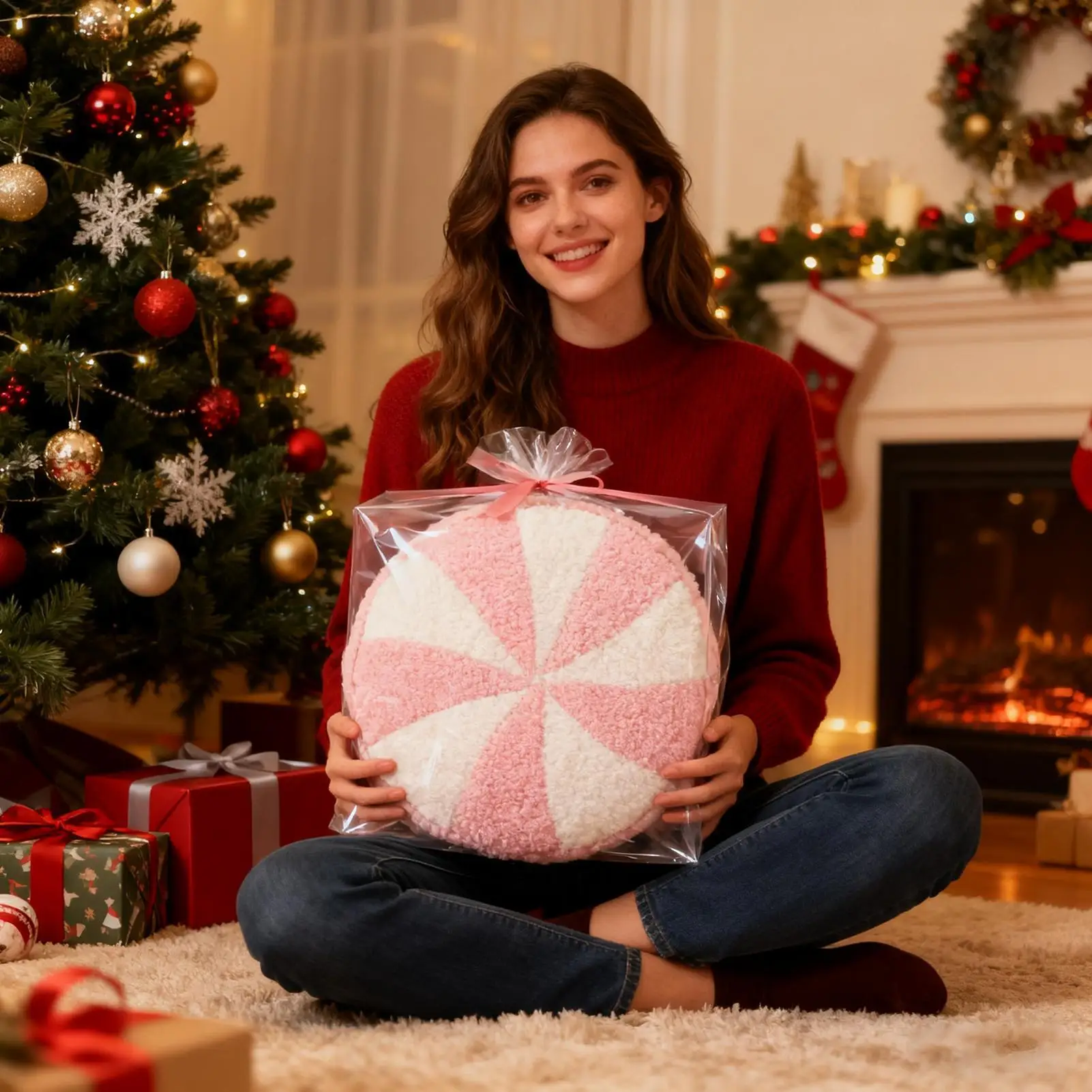 

Рождественские декоративные подушки, мягкие, приятные для кожи праздничные плюшевые подушки в форме конфет для стула, спальни, гостиной, общежития