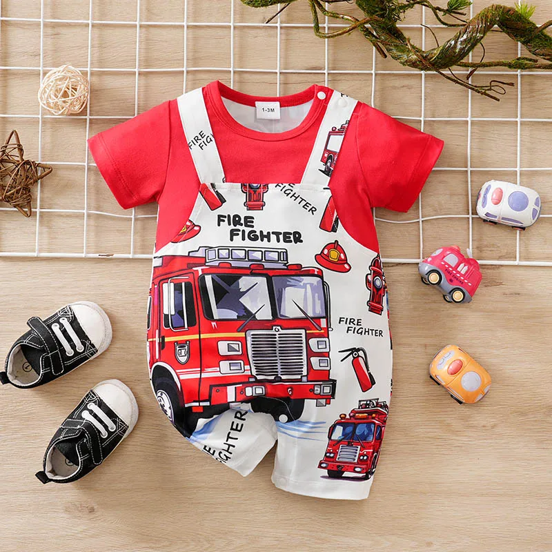 Infant Cartoon Fire Truck Romper Baby Boy Red Short Sleeve Onesie Newborn Faux Suspender Style One Piece Outfit