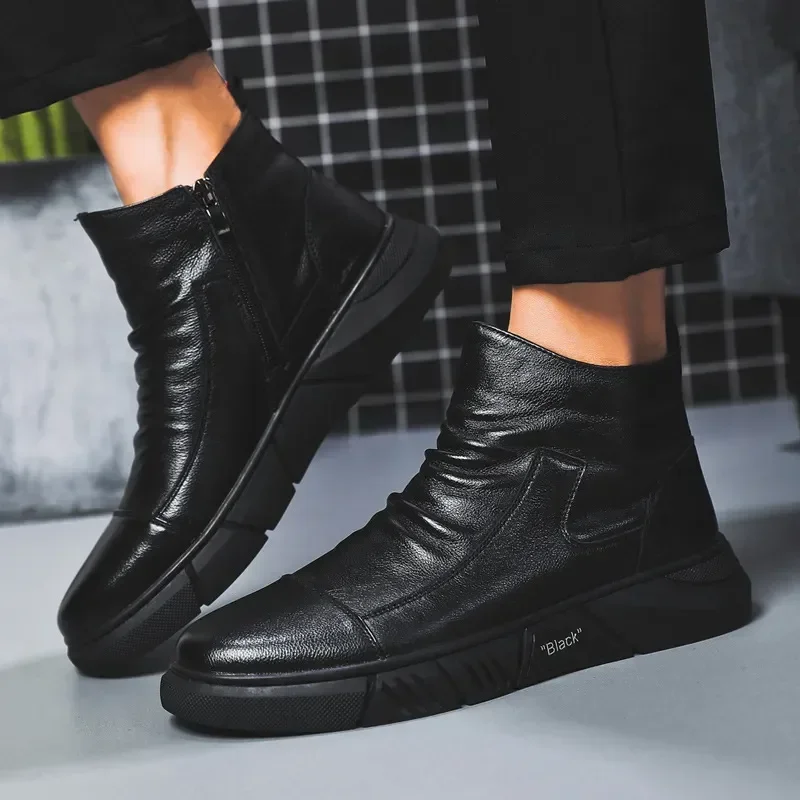 Stivale in pelle moda per uomo Stivale da neve caldo invernale Scarpe di cotone Scarpe alte in pelle casual Scarpe da uomo in stile britannico