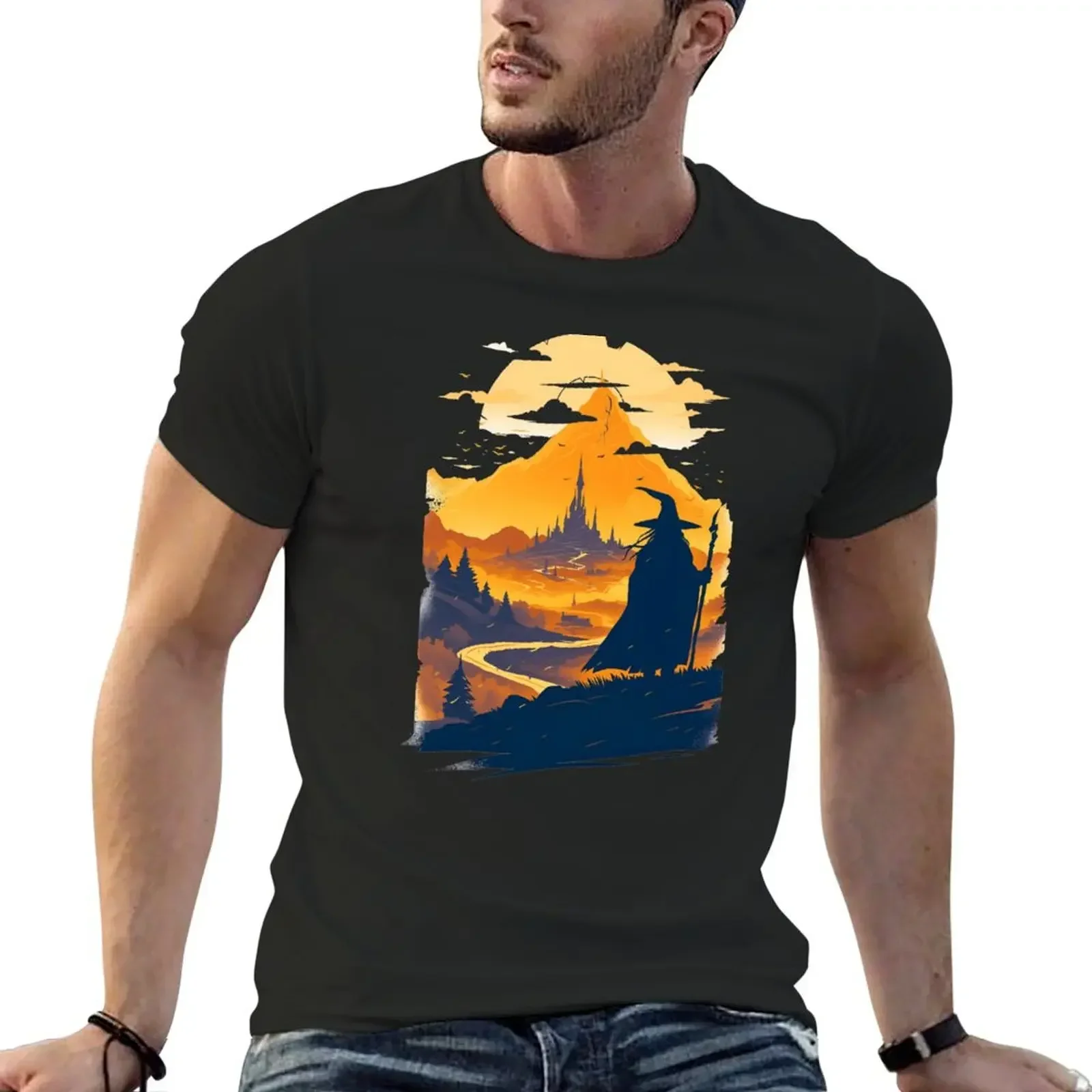 Old Wanderer Gazing at a Mystical City - Fantasy T-Shirt street wear summer tops mens designer t shirt