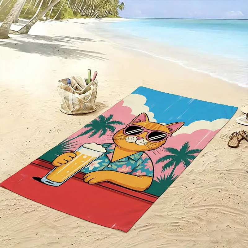 Large Tropical Cat Beach Towel Summer Pool Beach Resort Gift Cute Hawaiian Print 80x160cm Vacation Decor