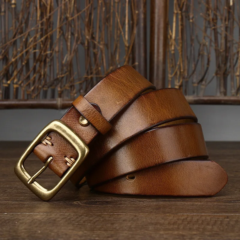 

3.3Cm Copper Buckle Men's Cowskin Genuine Leather Belt Retro Handmade Neutral Korean Version Trendy Belt Women's Casual Belt