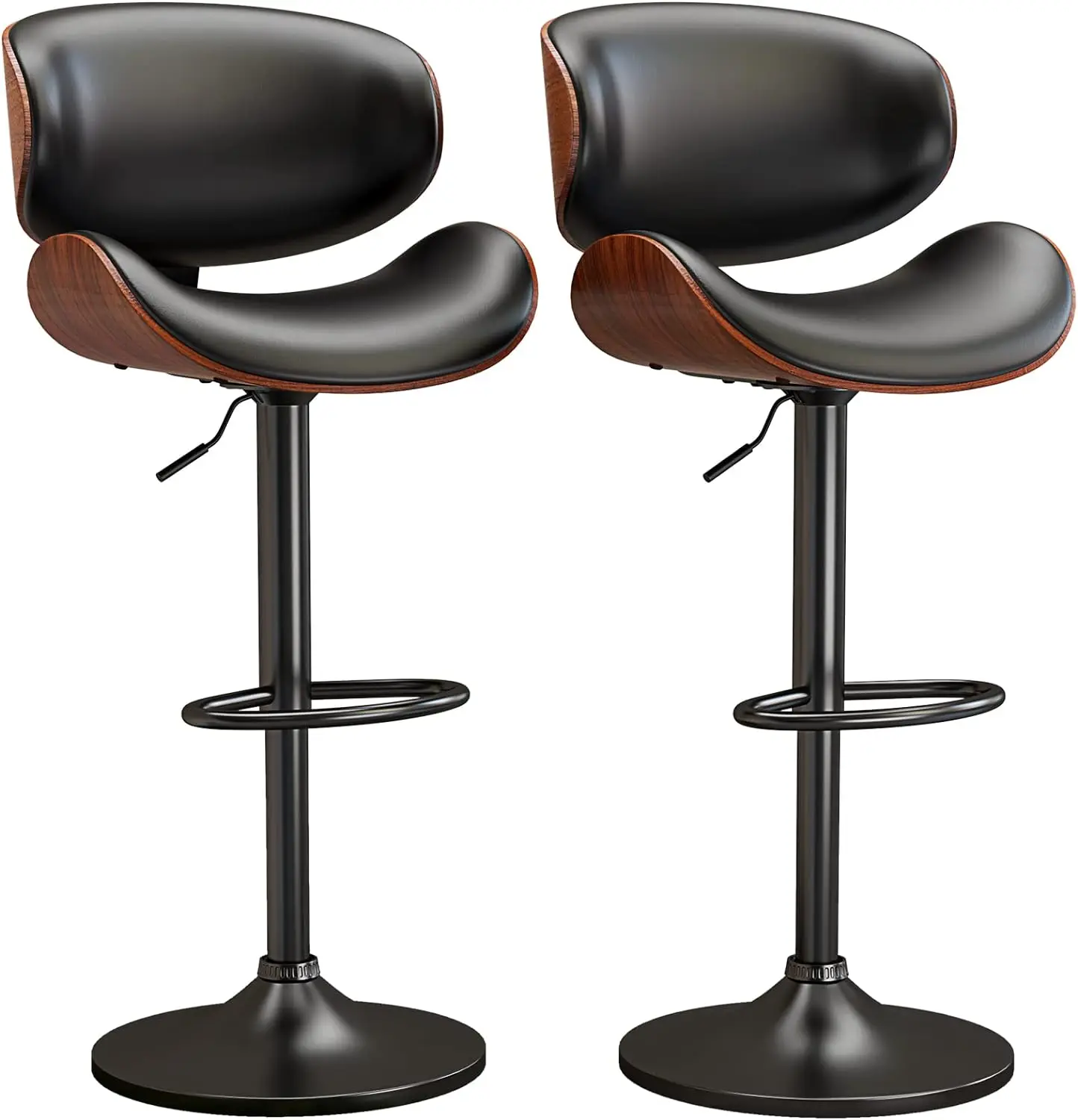 Swivel Bar Stools Set of 2 for Kitchen Counter, Adjustable Bentwood Barstools, Modern PU Leather Upholstered Bar Chair