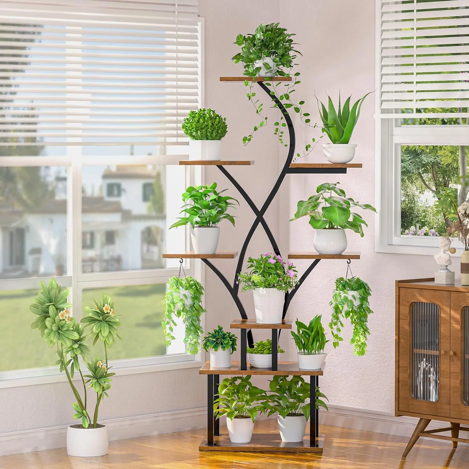 

Американская подставка для растений из углеродистой стали, многослойная подставка для цветов от пола до потолка, железо и дерево в сочетании с гостиной