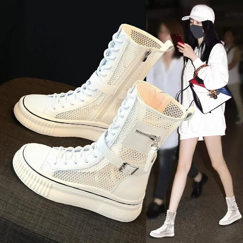 Summer Boots for Women Fashion High Top Casual Platform Boots Breathable Hollow Out Mesh Boots for Women Mid-Calf Botas Sneakers
