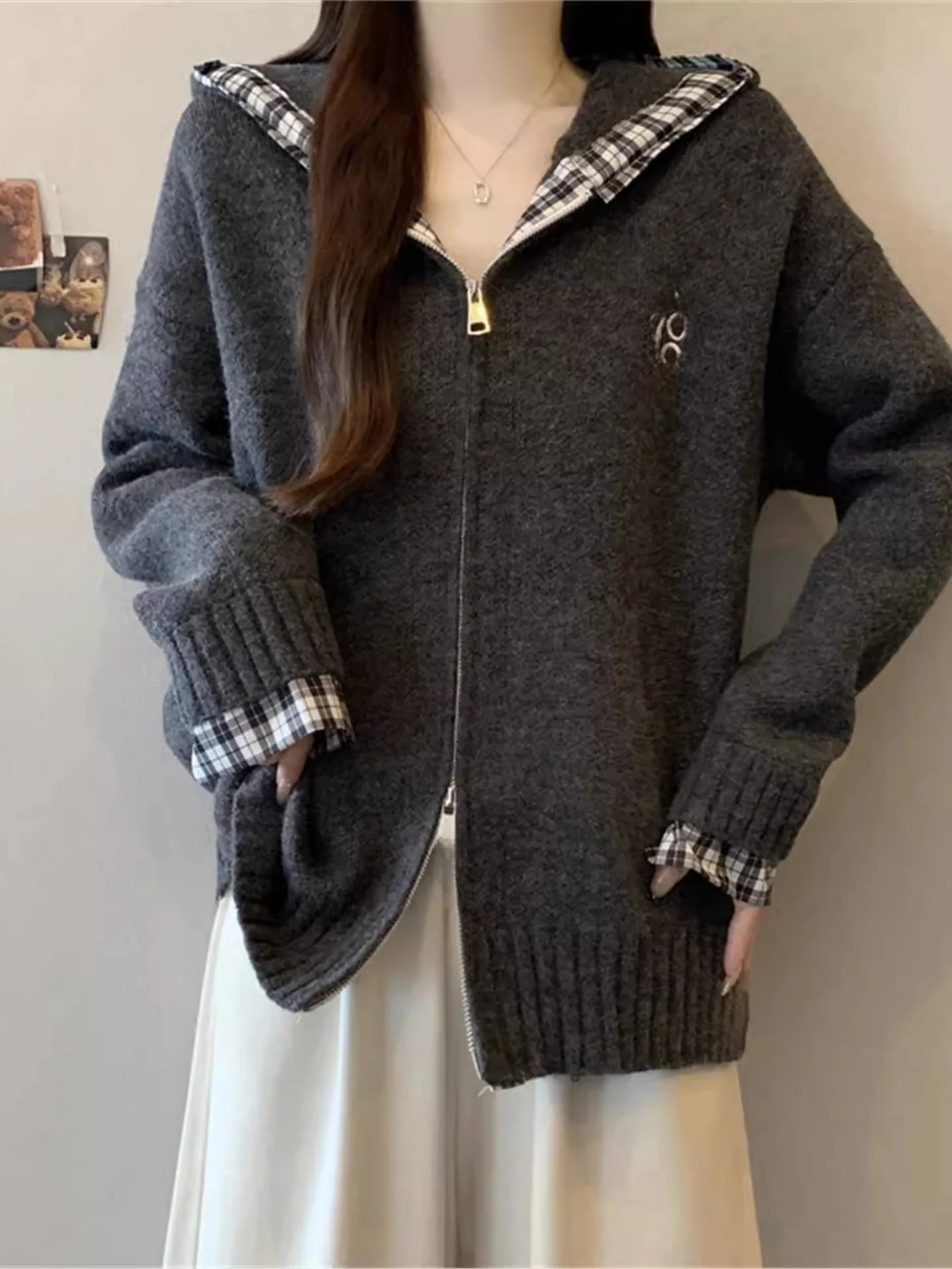 

Корейская женская вязаная толстовка с длинными рукавами и капюшоном, на двойной молнии, повседневная, осенне-зимняя, больших размеров, модная, с открытым передом