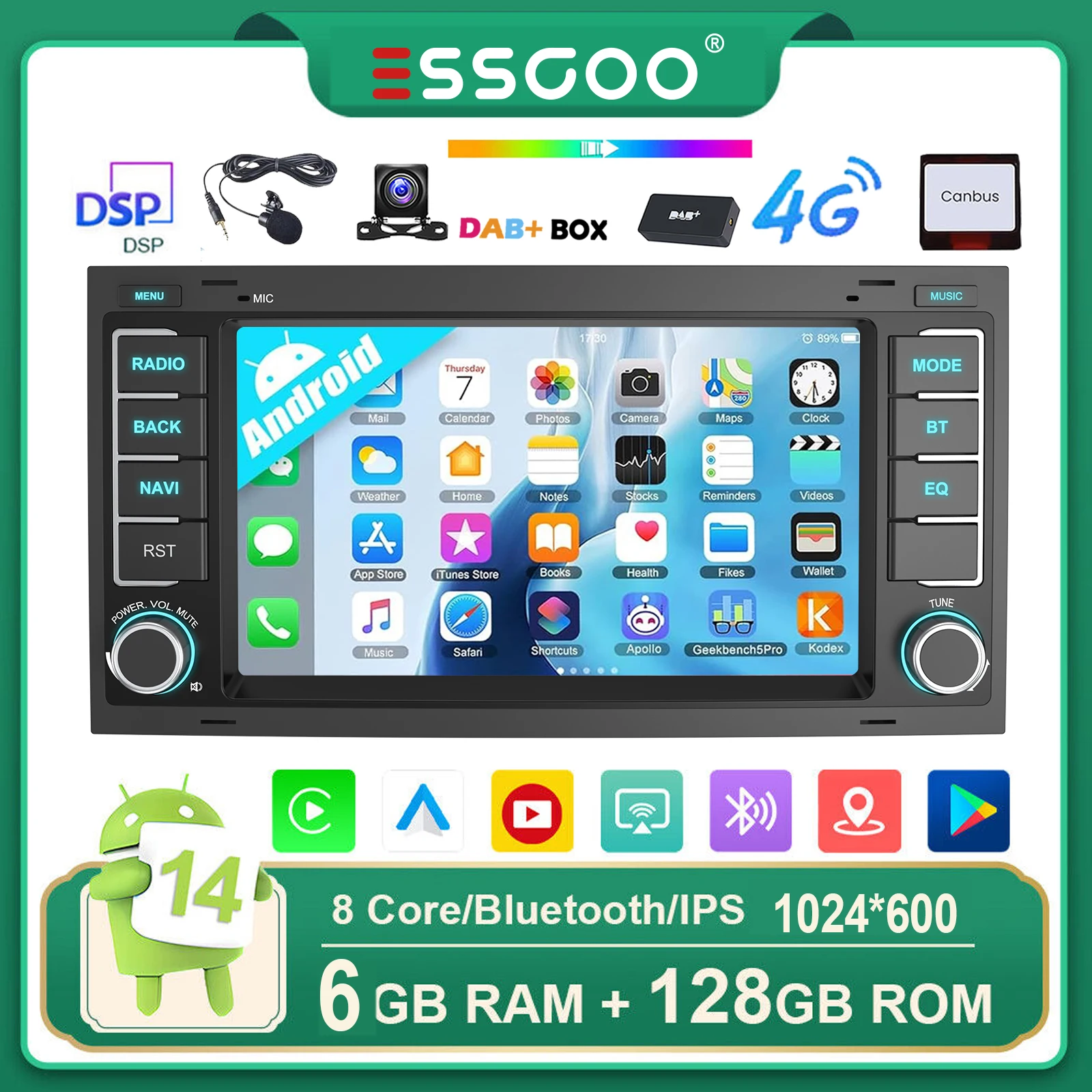 ESSGOO Für VW T5 Multivan Transporter Touareg Android 14 Wireless CarPlay Android Auto 7 Zoll HD