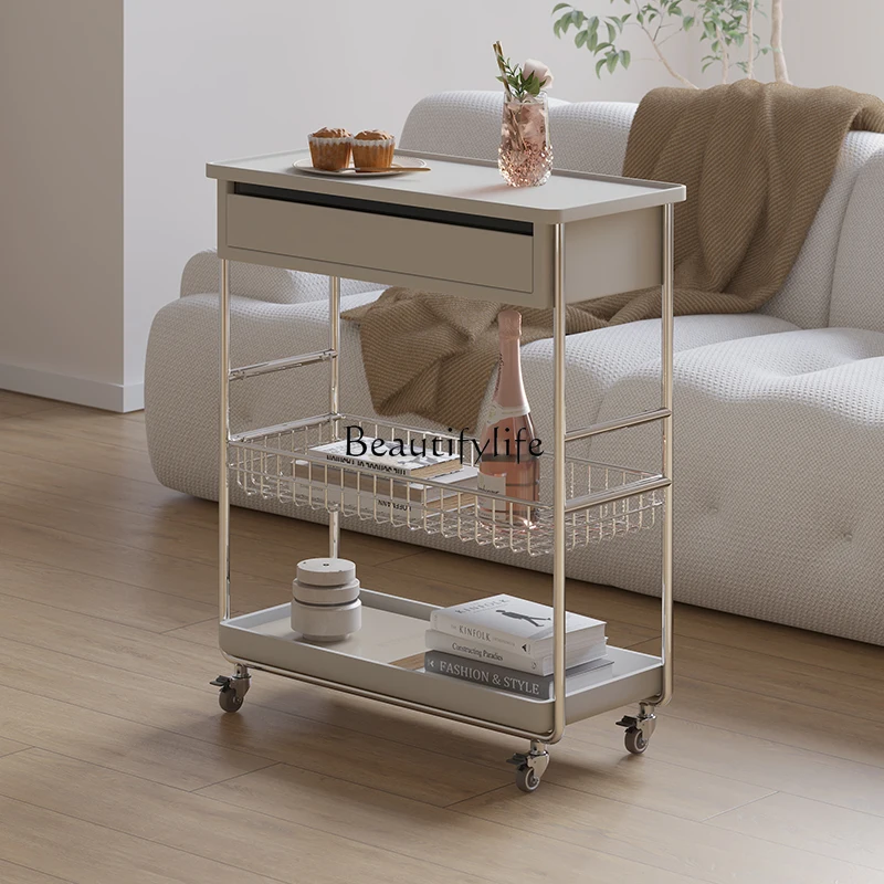 

Cream wind movable cart with wheels, several multi-layer shelves on the side of the sofa