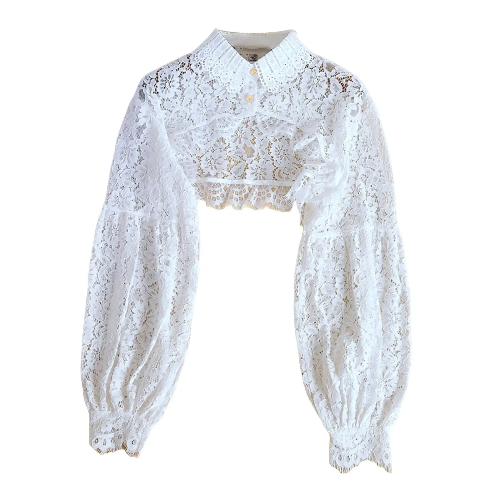 Women Casual Sweatshirt False Collar Loose Cropped Top Shirts Long Sleeve Lapel Solid Color Lace Hollow Out Eyelash Decor for