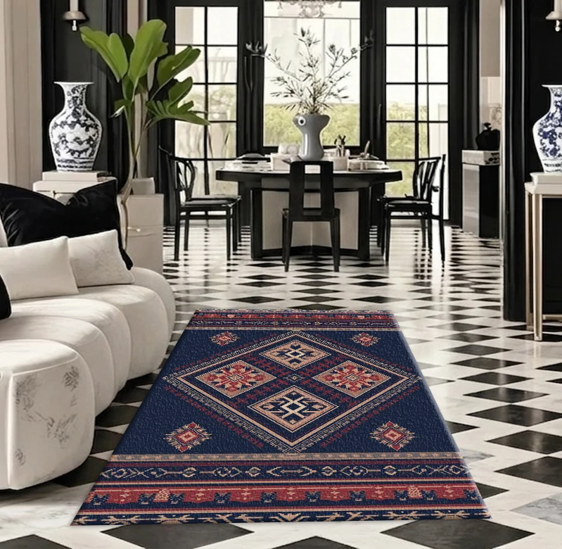 Dark Blue Southwest Tribal Diamond Pattern Rug, Neutral Reddish-Brown Aztec Geometric Pattern Border Print Square Rug, Suitable for Entryway Areas