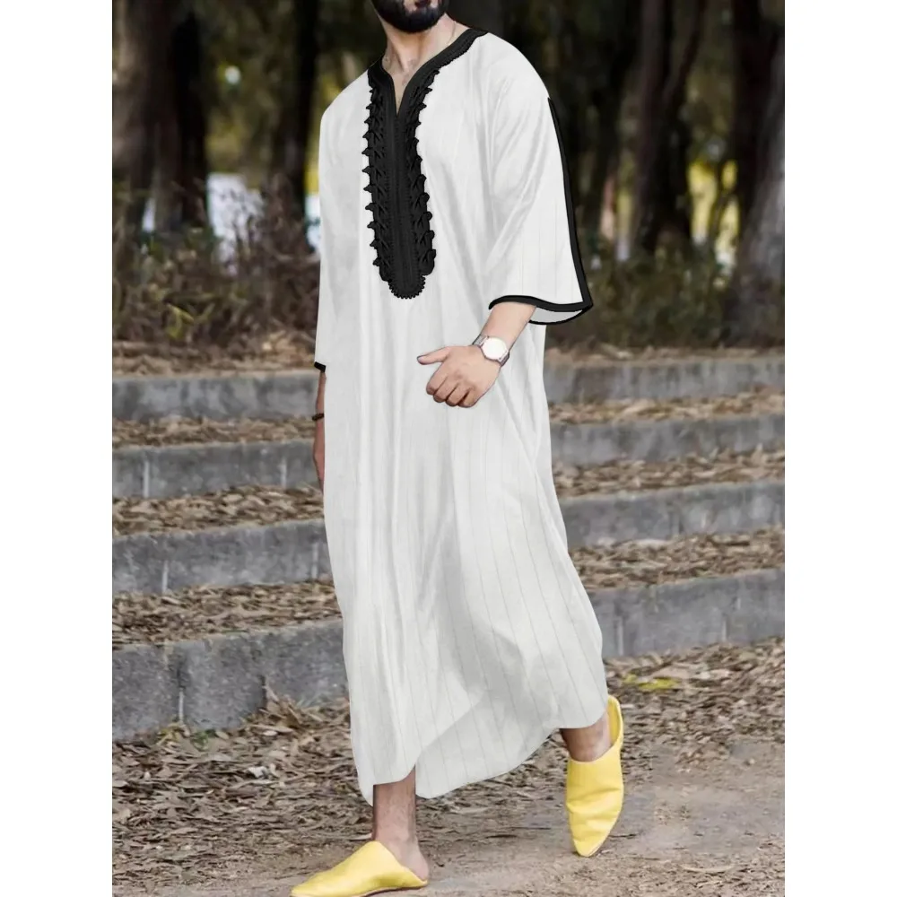 ¡2025 nueva bata étnica árabe para hombre! Diseño bordado a rayas de manga corta, ropa islámica holgada informal